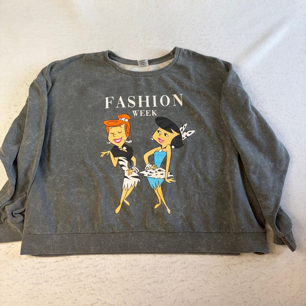 The Flintstones Fashion Week Sweatshirt 4X Gray Acid Wash Graphic Pullover